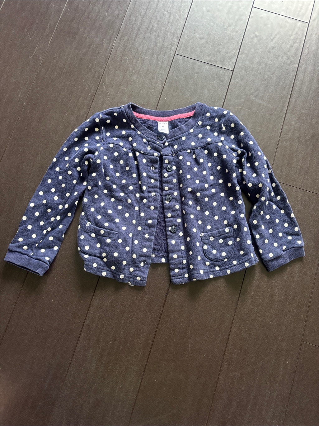 Carter's Navy Cardigan With White Polka Dots And Pink Trim